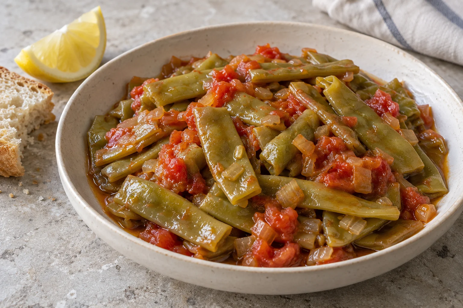 Soft flat green beans in tomato and olive oil in a shallow ceramic bowl
