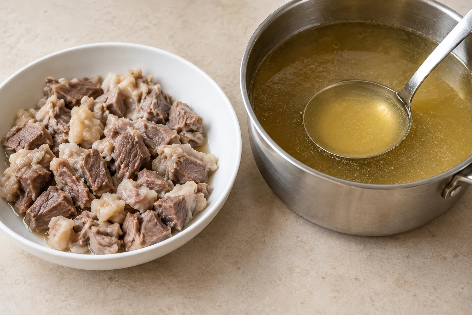 Cooked meat in a bowl beside a pan of golden strained broth