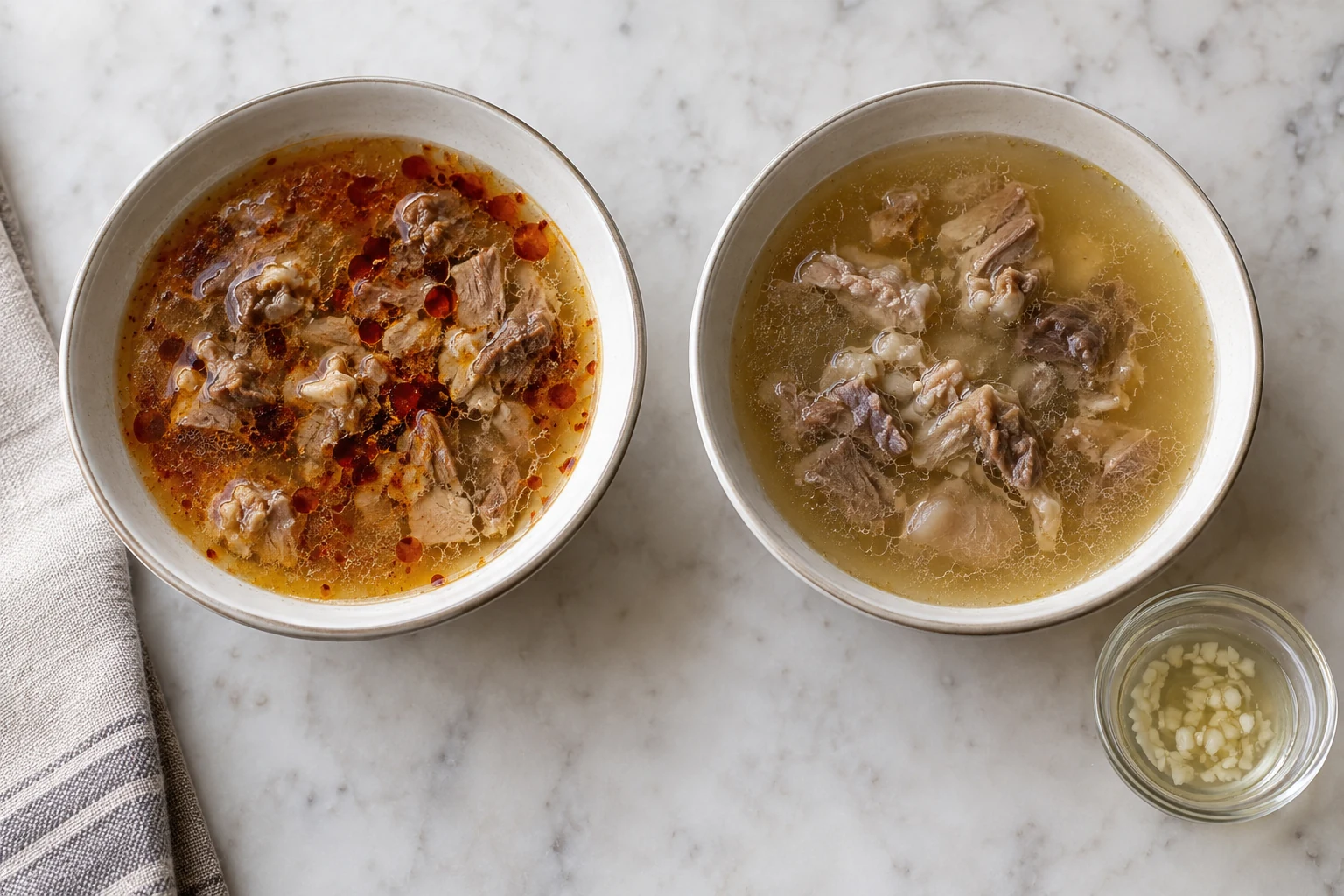 Two bowls of meat broth, one with red pepper oil and one with garlic vinegar beside it