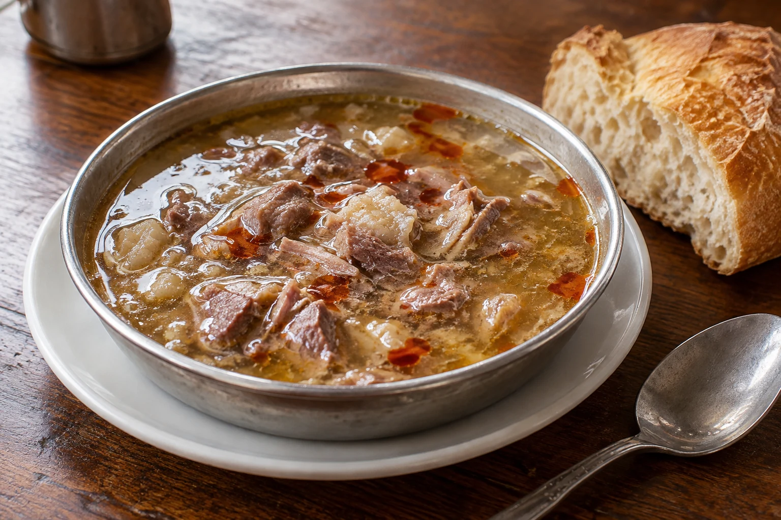 A metal bowl of golden meat broth with tender pieces of meat and a little red pepper oil