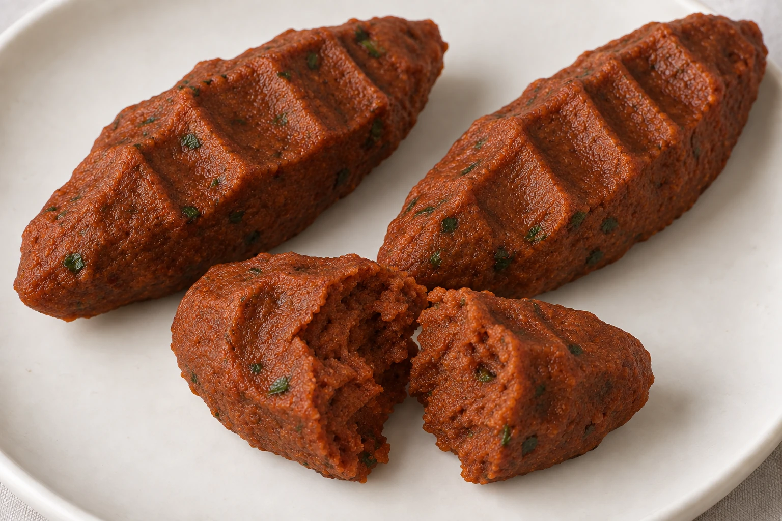 Meatless çiğ köfte portions, including an opened piece showing a compact fine-grained interior