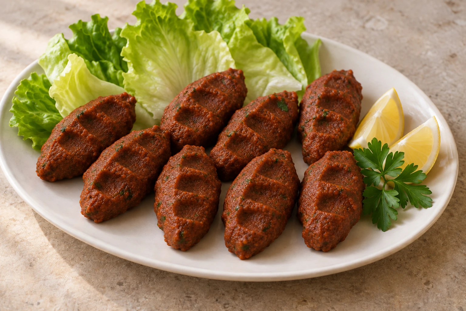 Reddish-brown meatless çiğ köfte portions with pressed ridges, lettuce, parsley and lemon wedges
