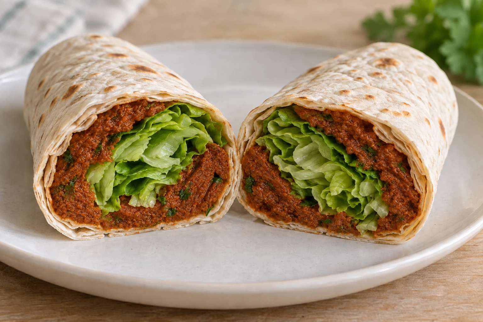 Two halves of a thin lavash wrap showing meatless çiğ köfte filling and fresh green lettuce