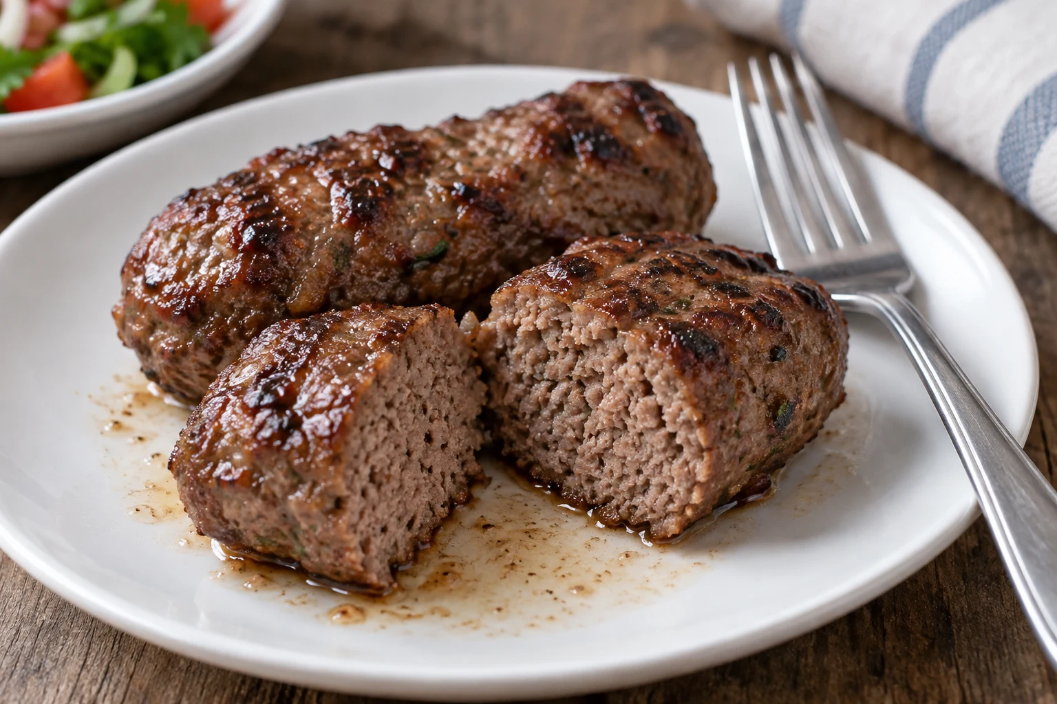 A cut home-style grilled köfte showing ground meat texture and small herb flecks
