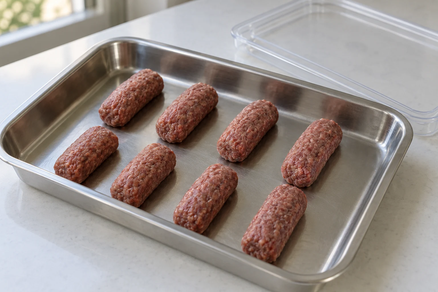Uncooked short cylindrical beef köfte spaced apart on a clean metal tray