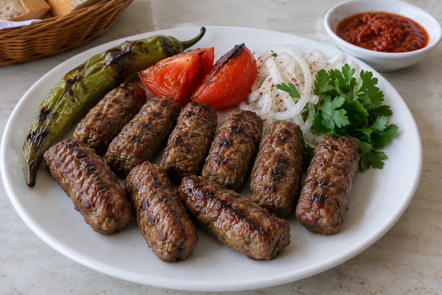 Short grilled beef köfte with roasted pepper, tomato, onion, parsley and red sauce