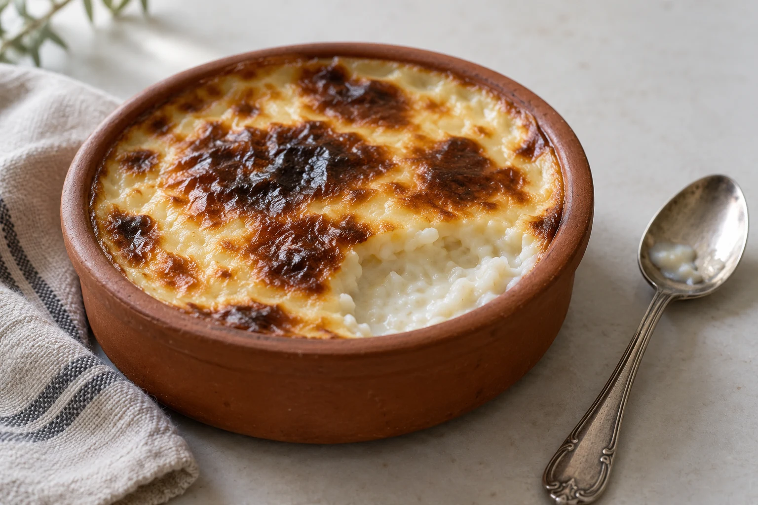 Terracotta ramekin of baked Turkish rice pudding with irregular browned patches and creamy rice visible at one edge