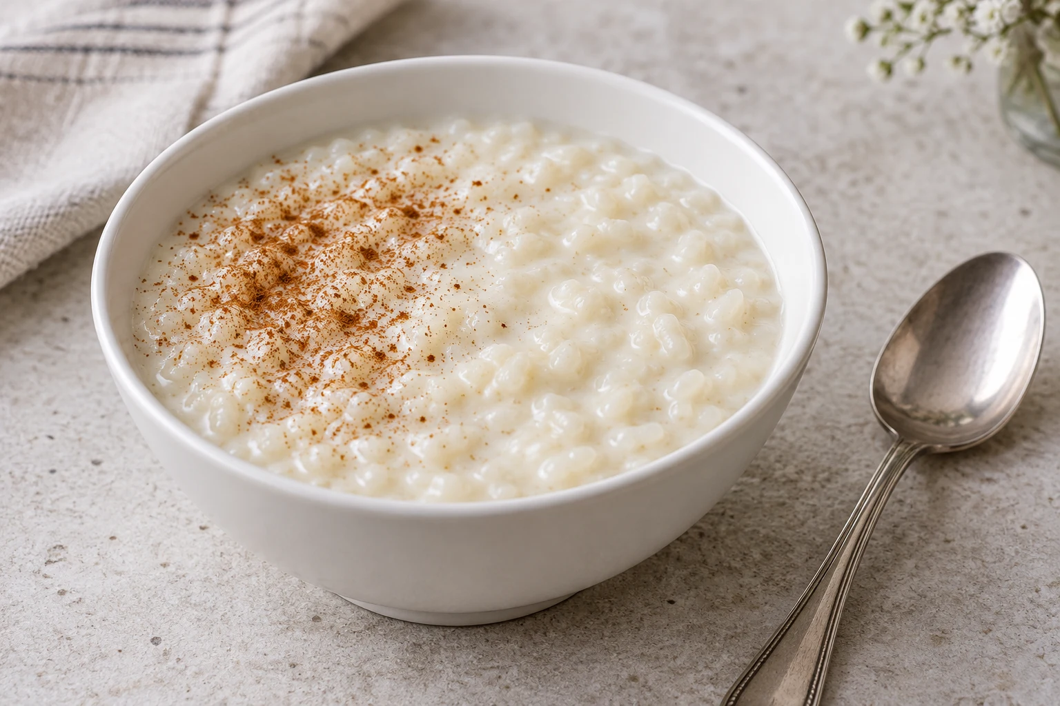 White bowl of creamy unbaked rice pudding with tender short rice grains and a light cinnamon dusting