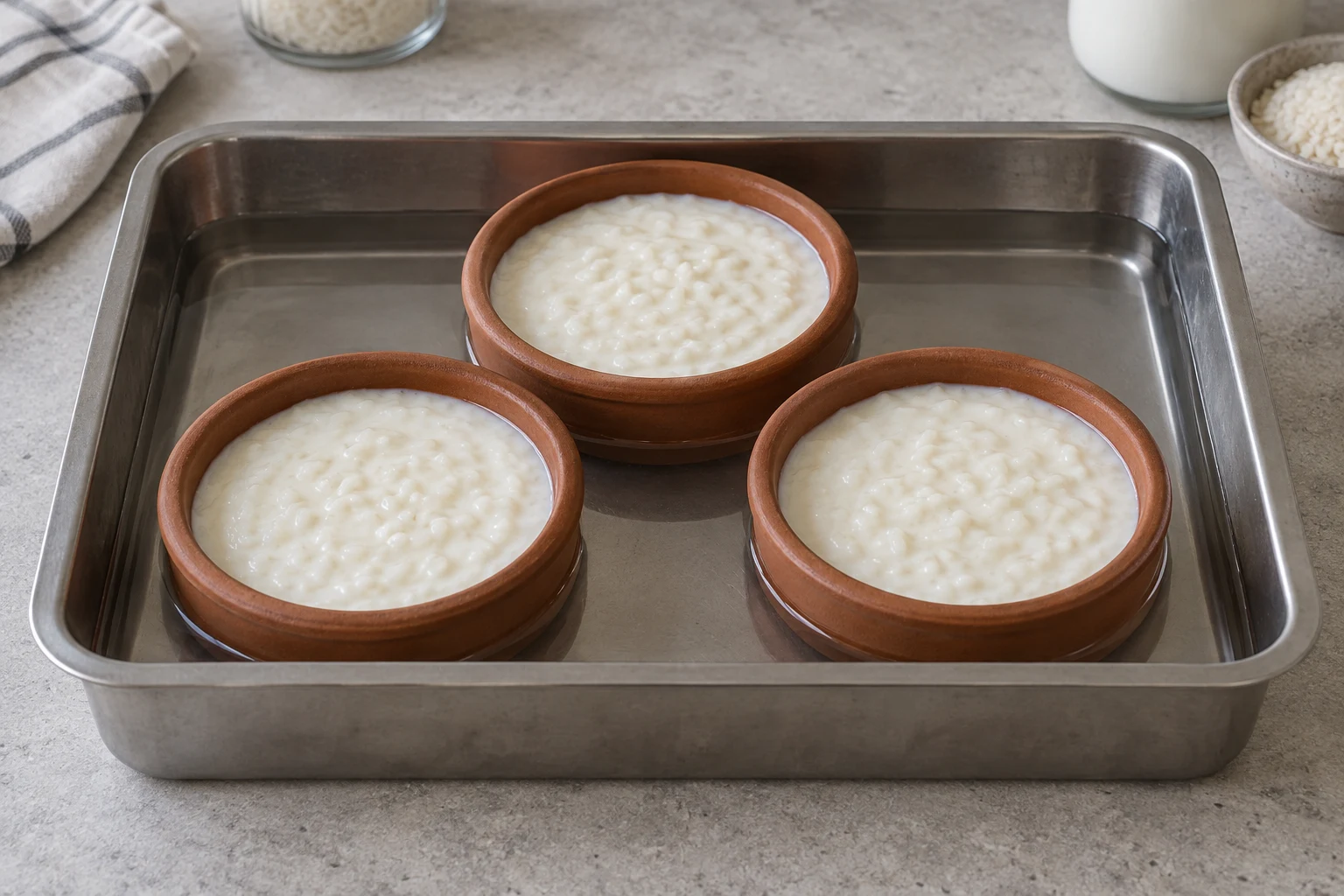 Three terracotta ramekins of unbrowned rice pudding sitting inside a metal tray with water around their sides