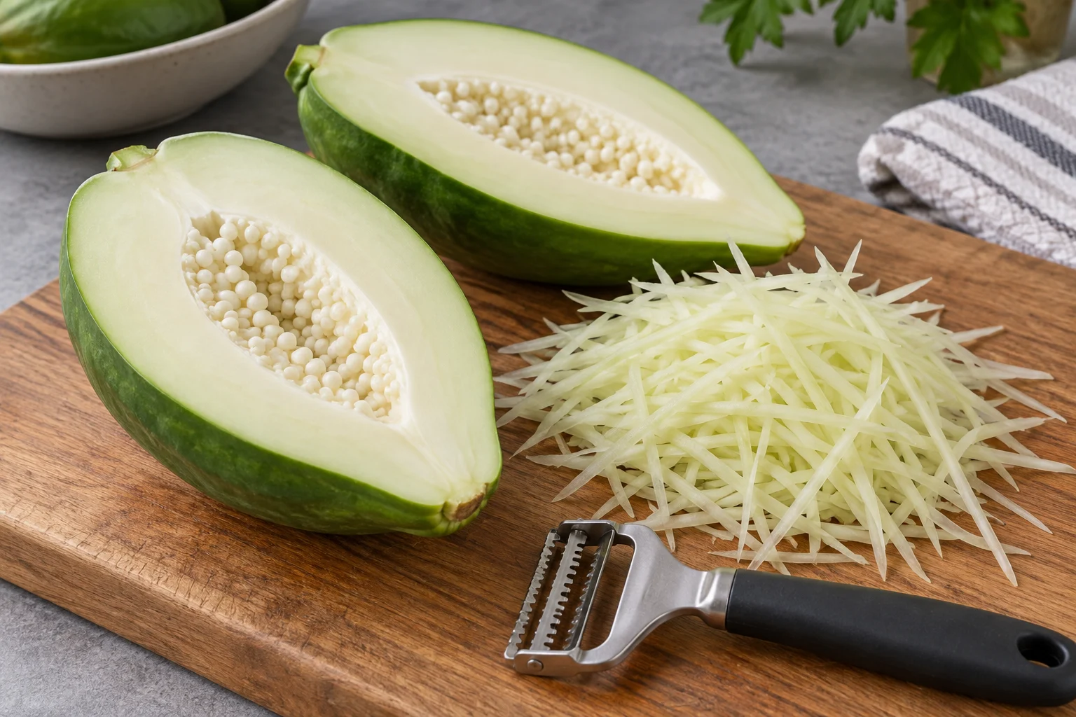 A halved firm green papaya with pale flesh and immature white seeds beside julienned strands