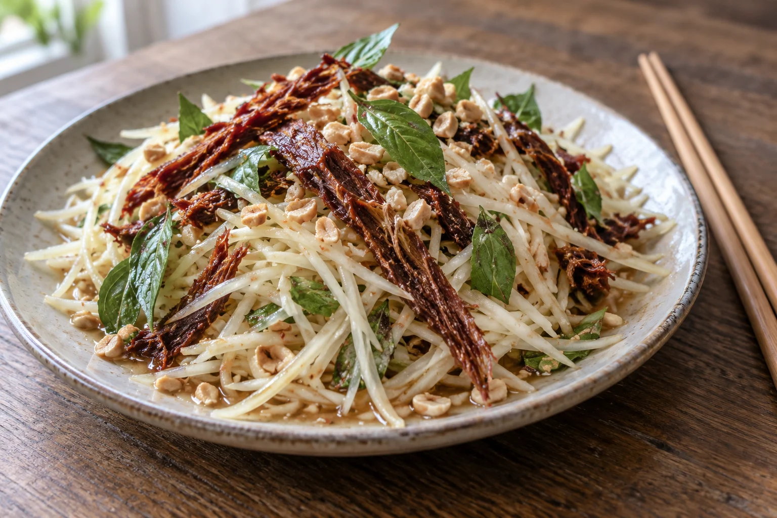 Pale crisp papaya shreds with reddish brown beef jerky, Thai basil and chopped peanuts