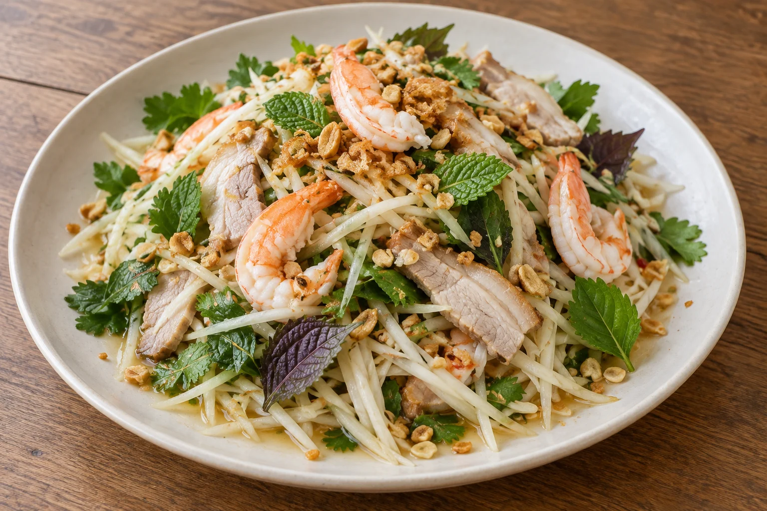 Green papaya strands and herbs with cooked prawns, thin pork slices and peanuts
