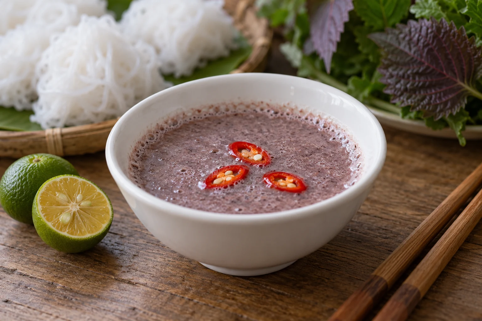 A small white bowl of lightly aerated shrimp-paste dip with red chili and a cut green citrus fruit beside it.