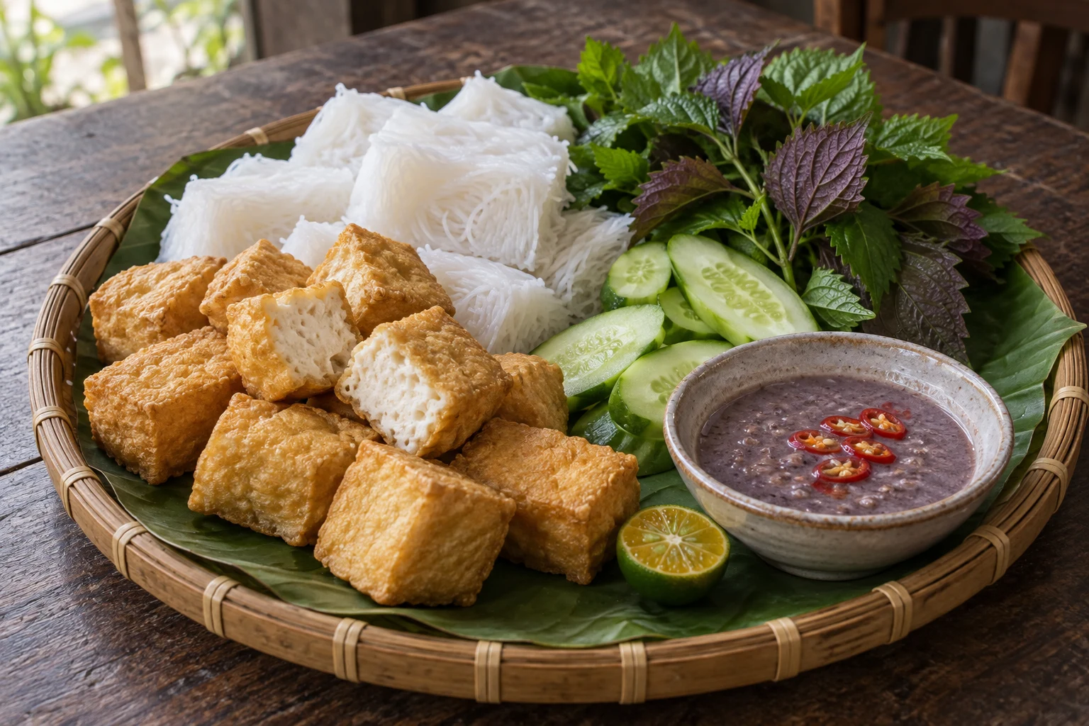 Golden fried tofu, cut white rice-vermicelli bundles, cucumber and perilla around a bowl of mauve shrimp-paste dip on a banana-lined tray.