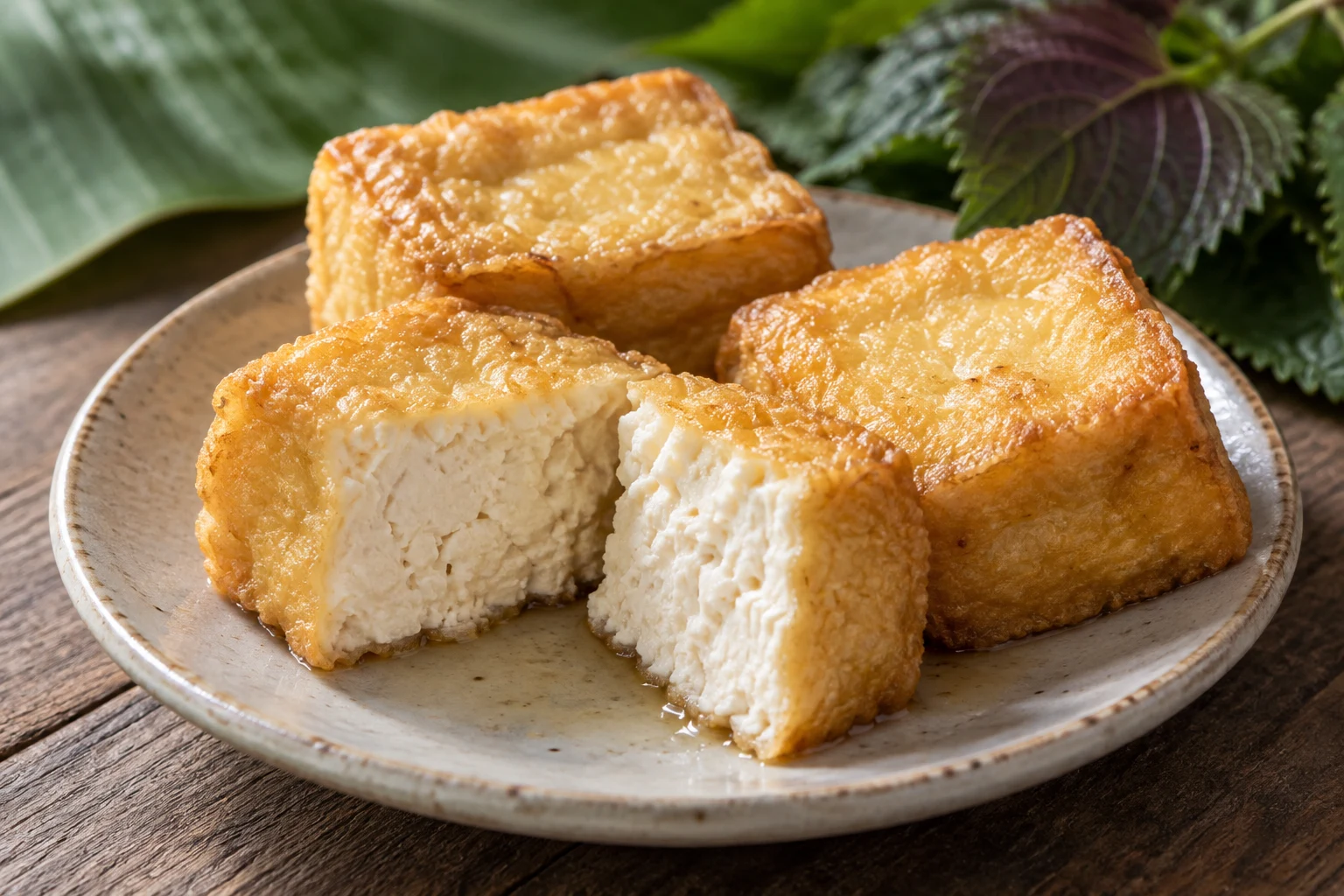 A cut piece of fried tofu shows a soft white interior beneath a thin golden crust.