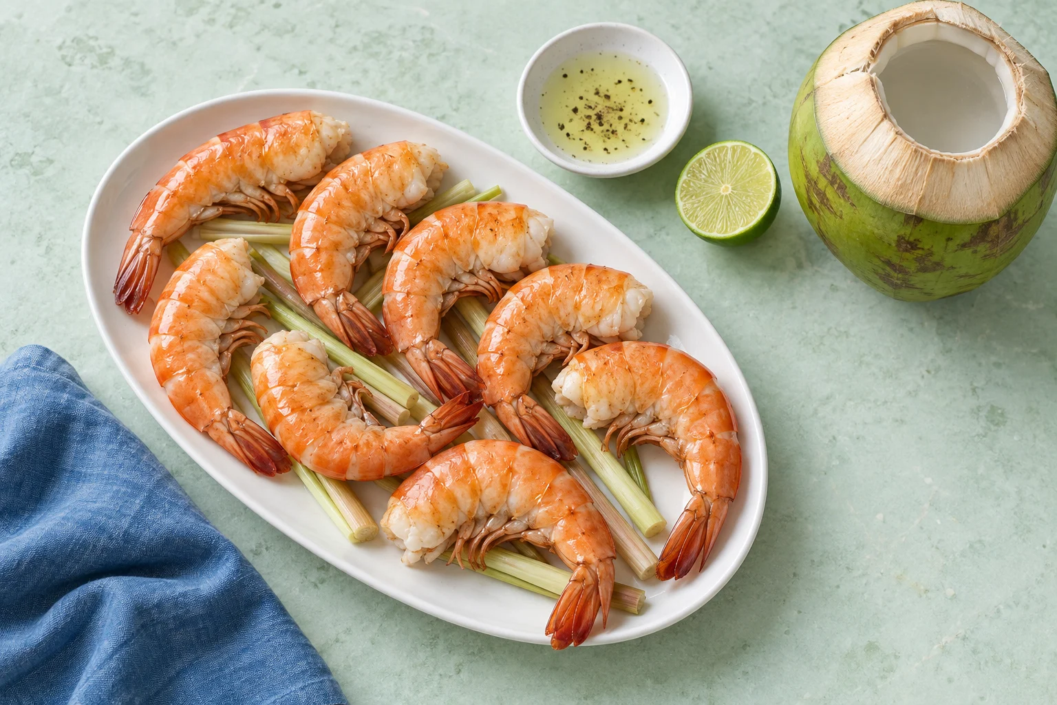 Cooked shell-on shrimp on a white platter with lemongrass, lime dip and an opened coconut