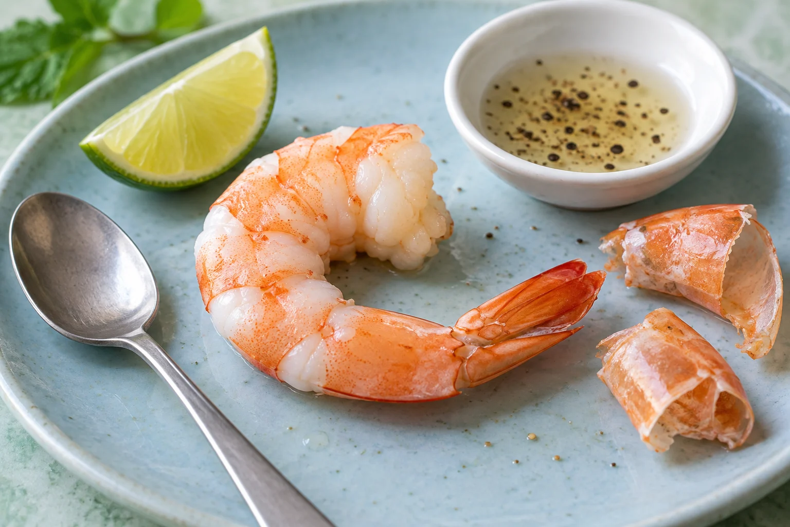 Peeled cooked shrimp with opaque white flesh beside lime-pepper dip and removed shells