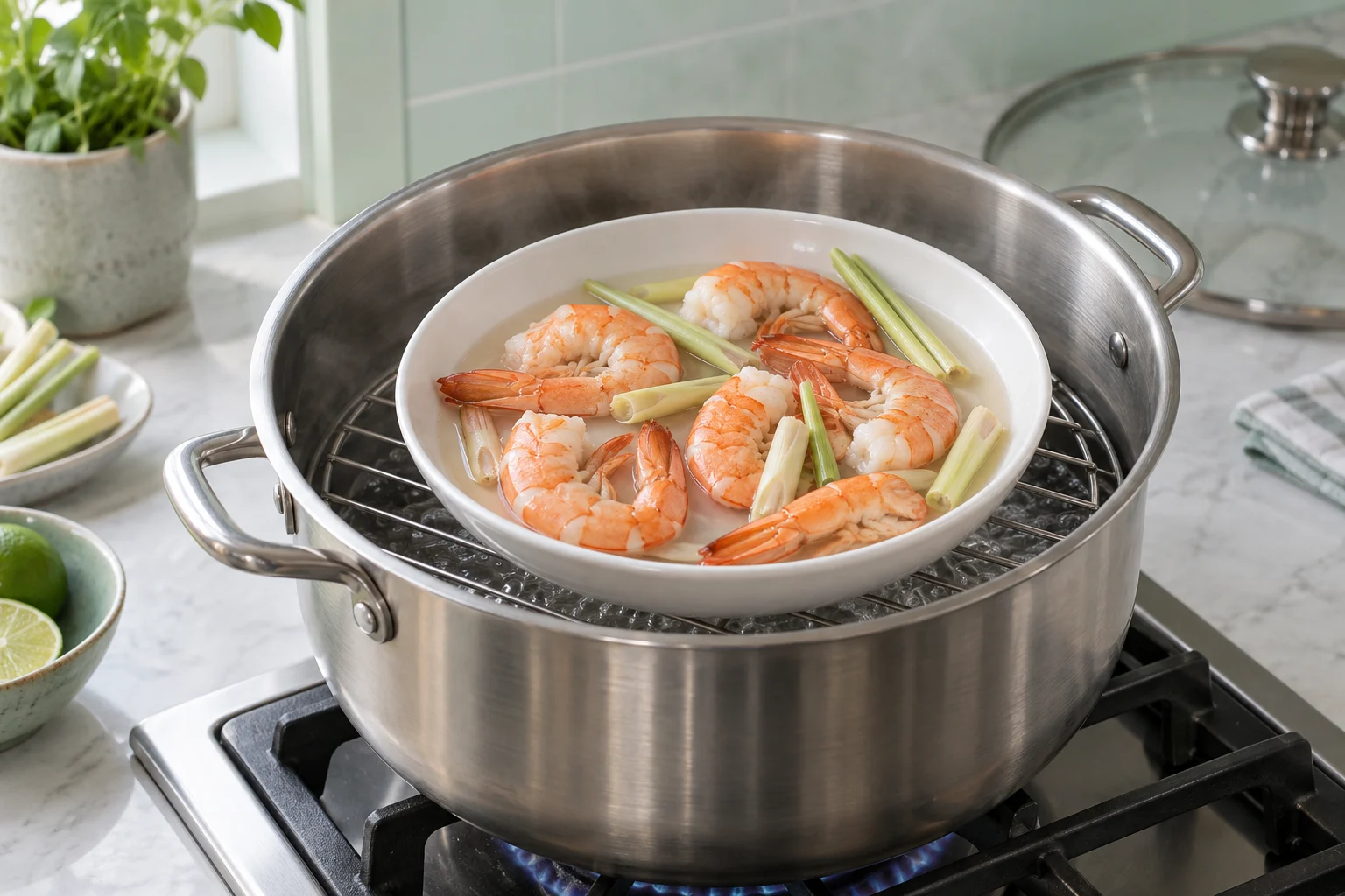 Shallow bowl of cooked shrimp and coconut water raised on a rack inside a steel steamer