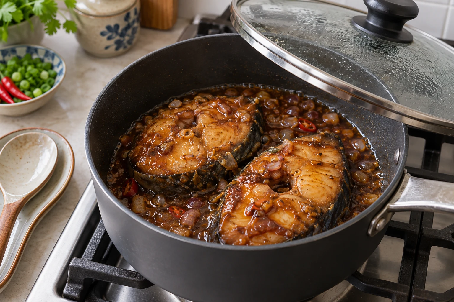 Glazed cooked fish steaks gently simmering in a flat-bottomed saucepan with its lid partly offset