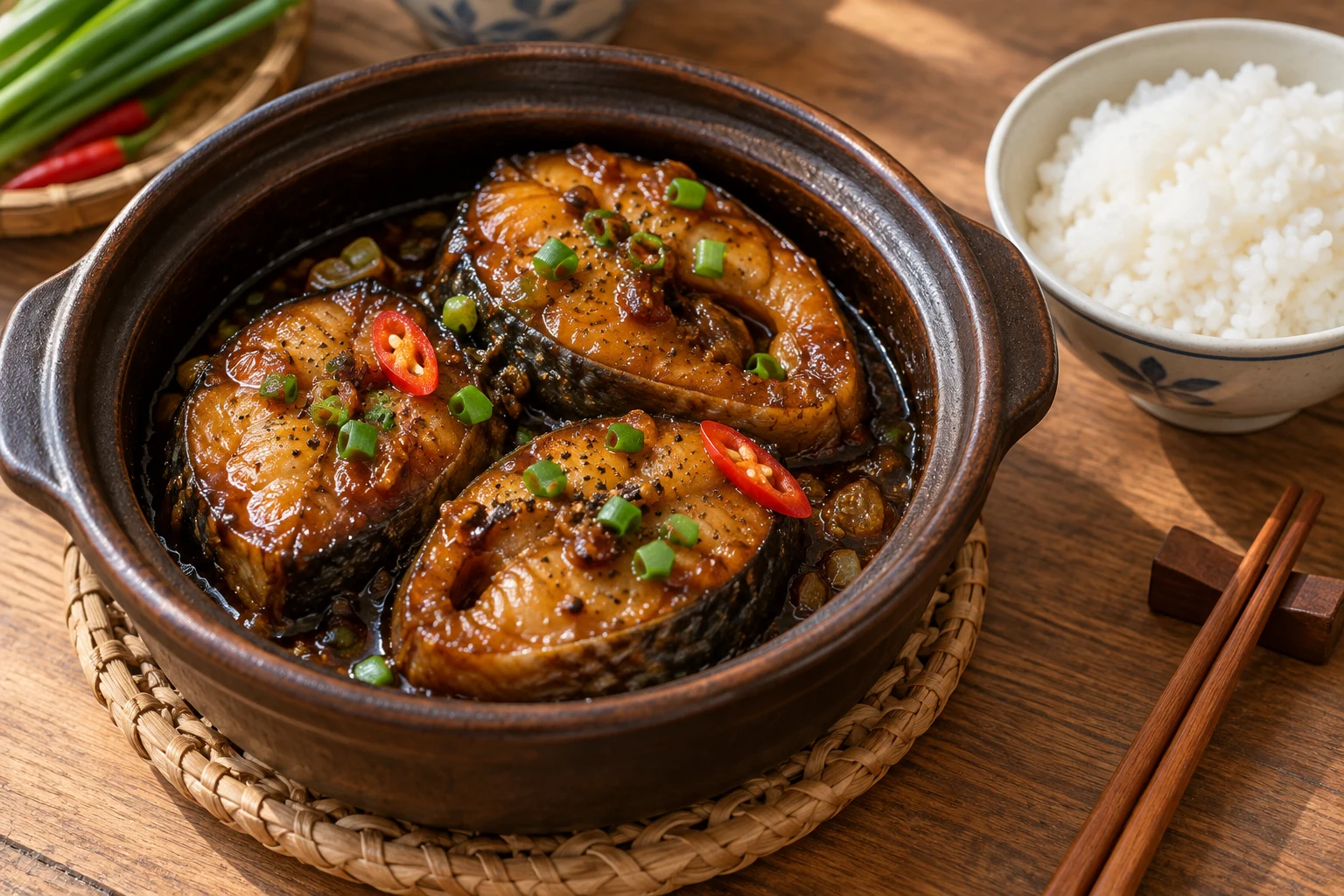 Thick browned catfish steaks in a small clay pot with scallion, pepper and chili beside a bowl of white rice