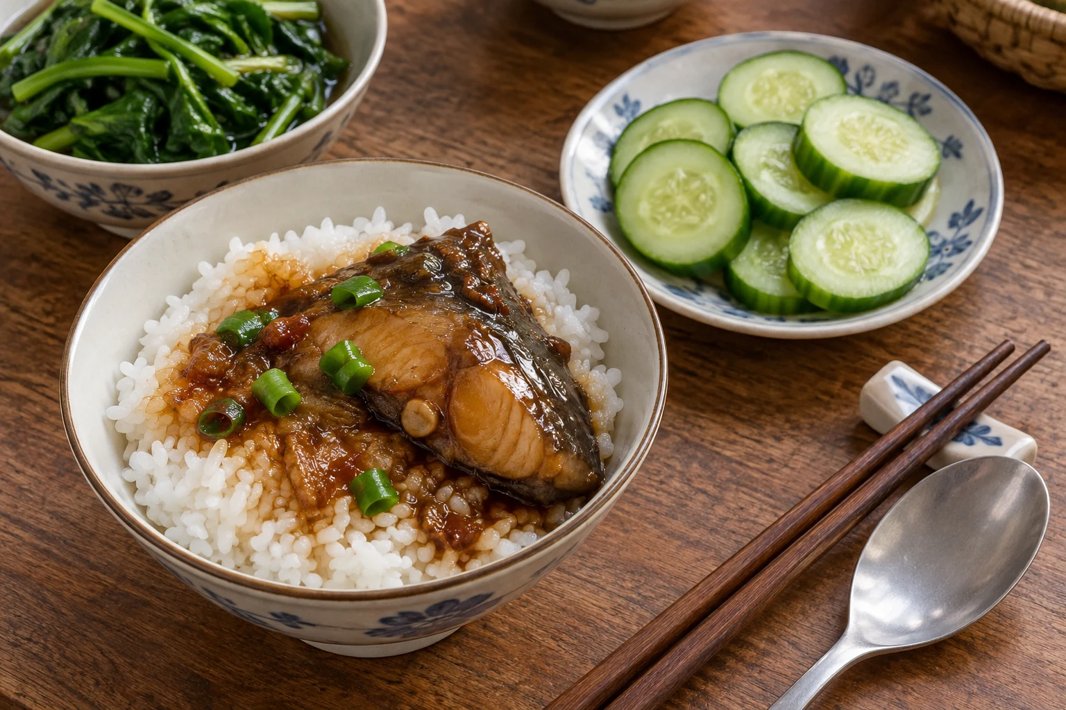 A small glazed cooked fish portion and brown sauce over white rice beside cucumber and cooked green vegetables