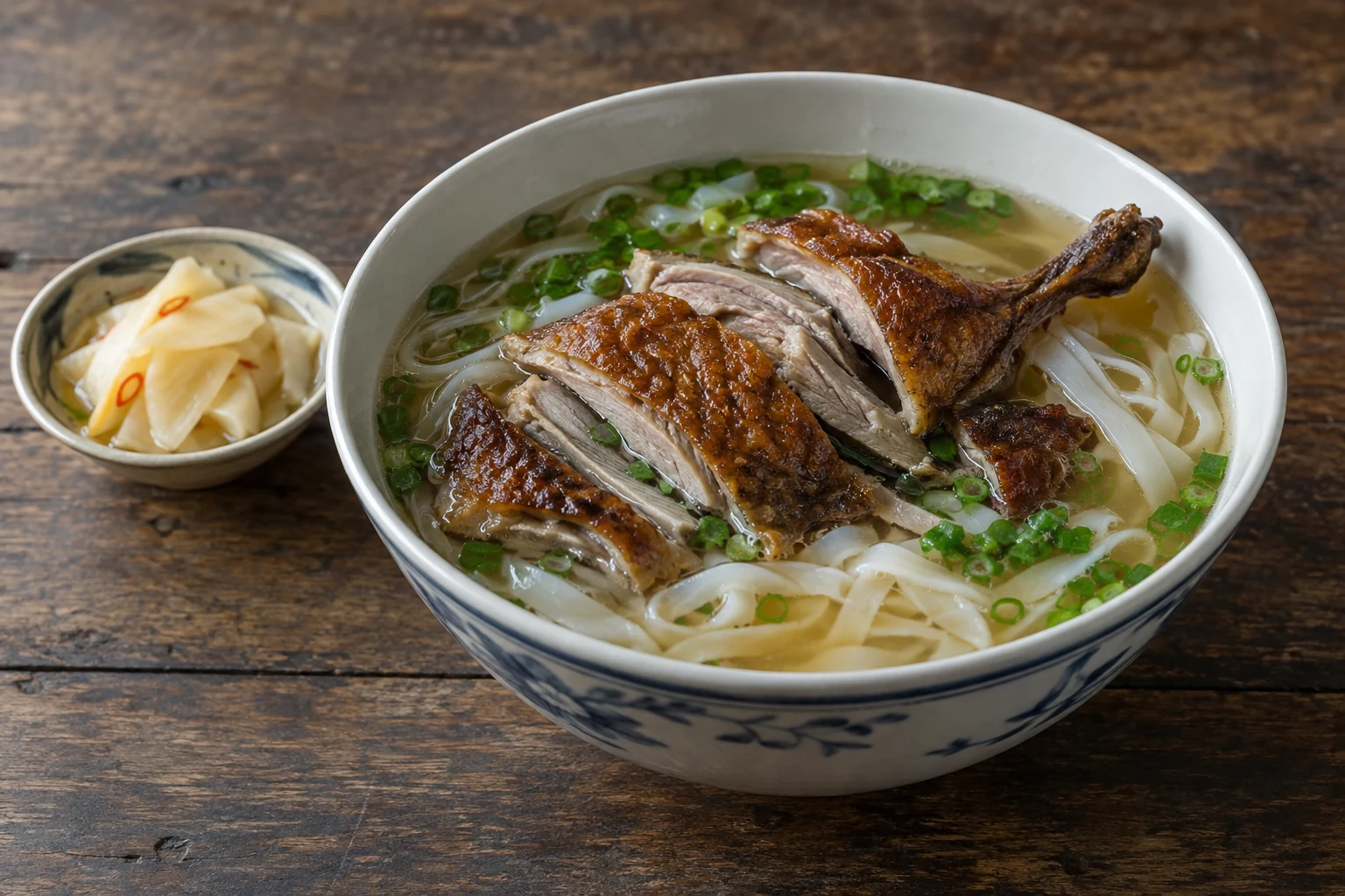 A bowl of flat rice noodles and broth topped with roast duck, beside a small dish of pickled bamboo