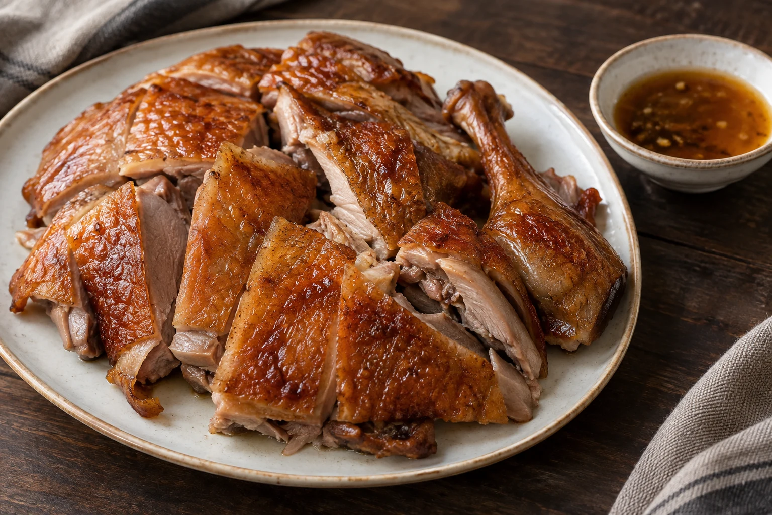 Chopped brown-skinned roast duck on a platter beside a small bowl of sauce