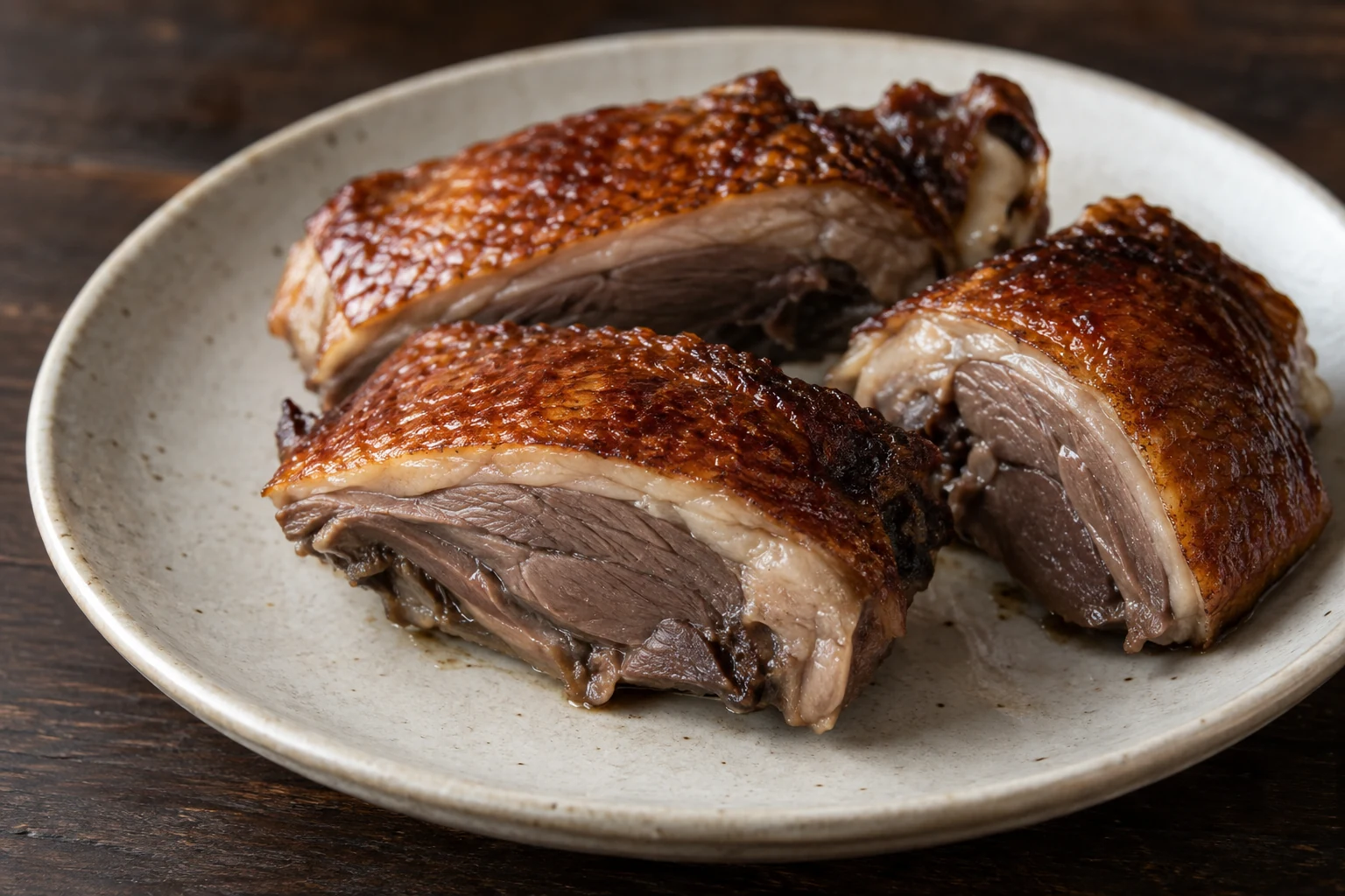 Close view of browned roast duck skin above darker meat on chopped pieces