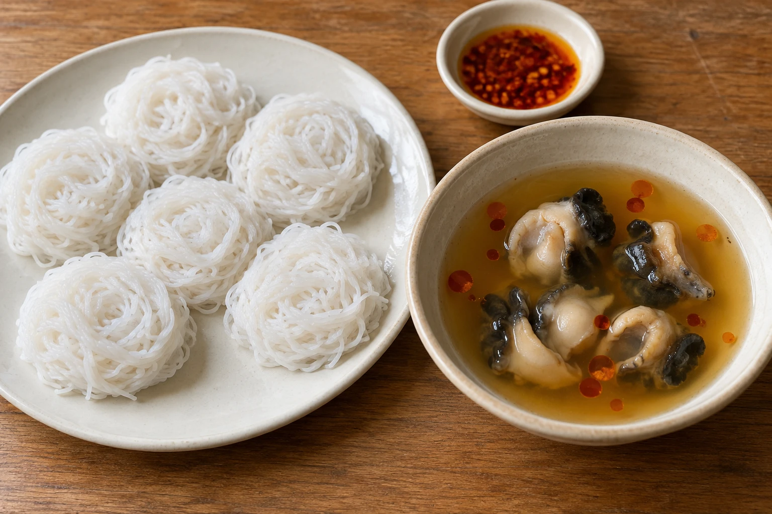 Small white rice-vermicelli bundles beside a separate bowl of cooked snail meat in pale broth and a saucer of chili oil.