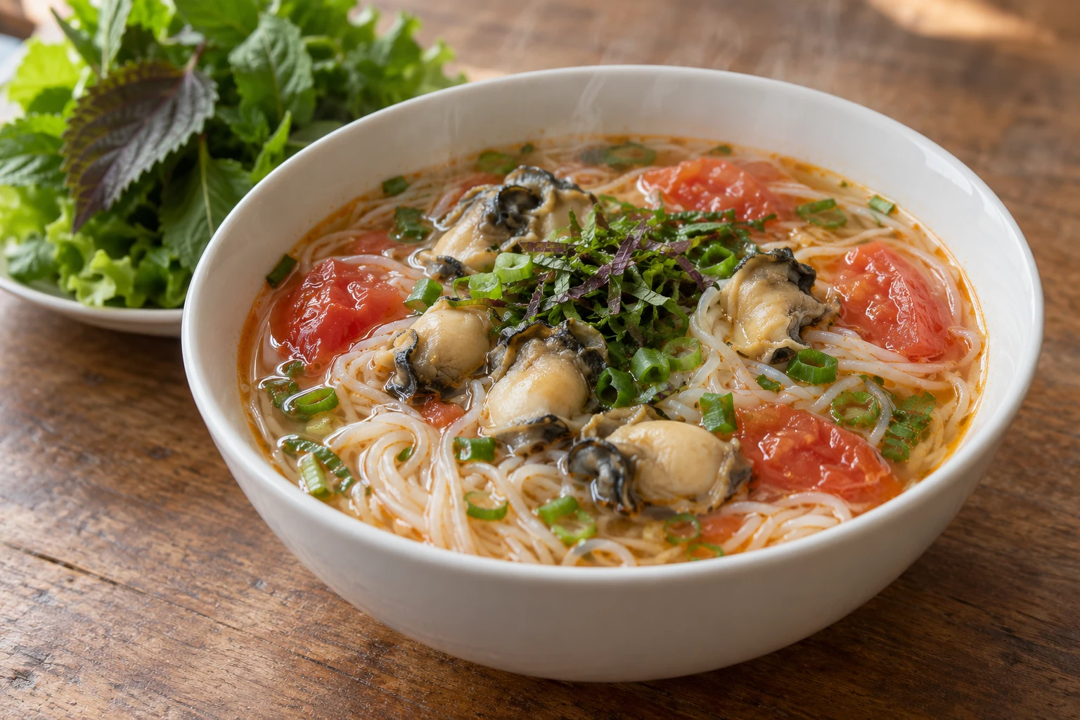 Hot bún ốc with rice vermicelli, shell-free cooked snail meat, tomato wedges, scallions and perilla.