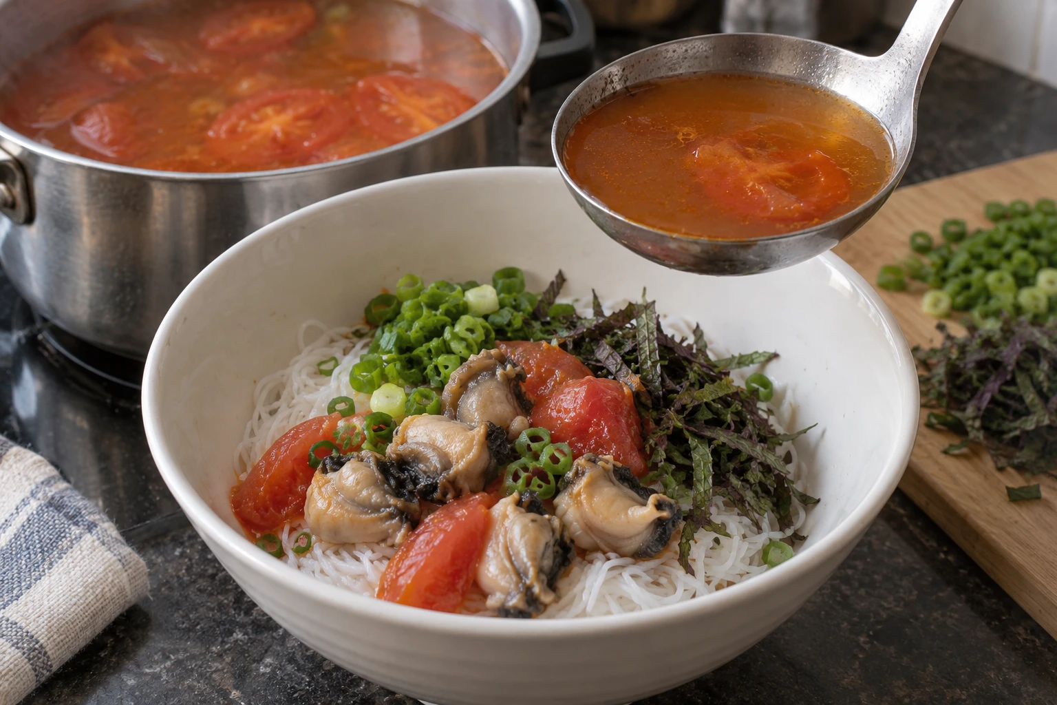 A ladle of tomato broth poised above a bowl containing cooked rice noodles, snail meat, tomatoes, scallions and perilla.
